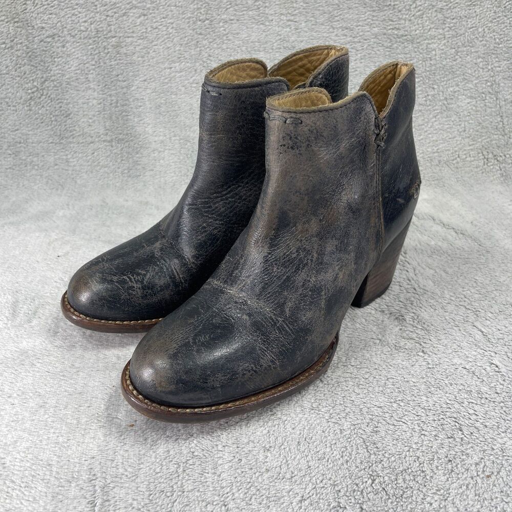 BED STU Yell Boots Women 7.5 Black Distressed Leather Ankle Bootie‎ Block Heel